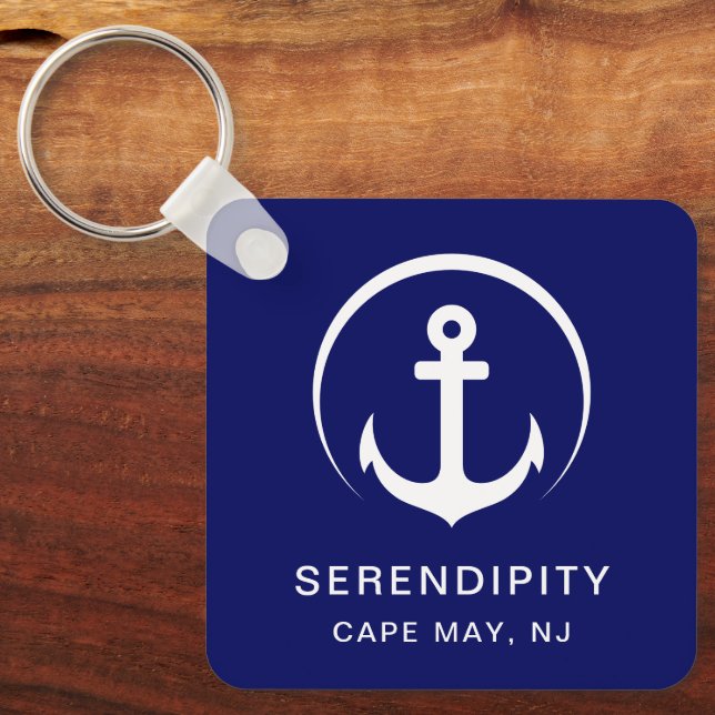 Modern Boat Anchor Navy Blue Key Ring (Front)