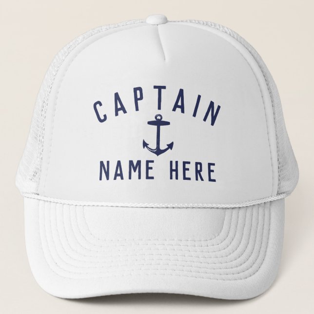 Modern Boat Captain Name Nautical Anchor Navy Blue Trucker Hat (Front)
