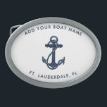 Modern Boat Name Navy Blue Anchor Custom Belt Buckle<br><div class="desc">Add your boat or captain's name and location by clicking the "Personalise" button. Set sail in style with our custom nautical-themed boating swag, the ultimate companion for your maritime adventures. This belt buckle boasts a cute design inspired by the ocean's wonders, featuring classic maritime motifs such as an anchor and...</div>