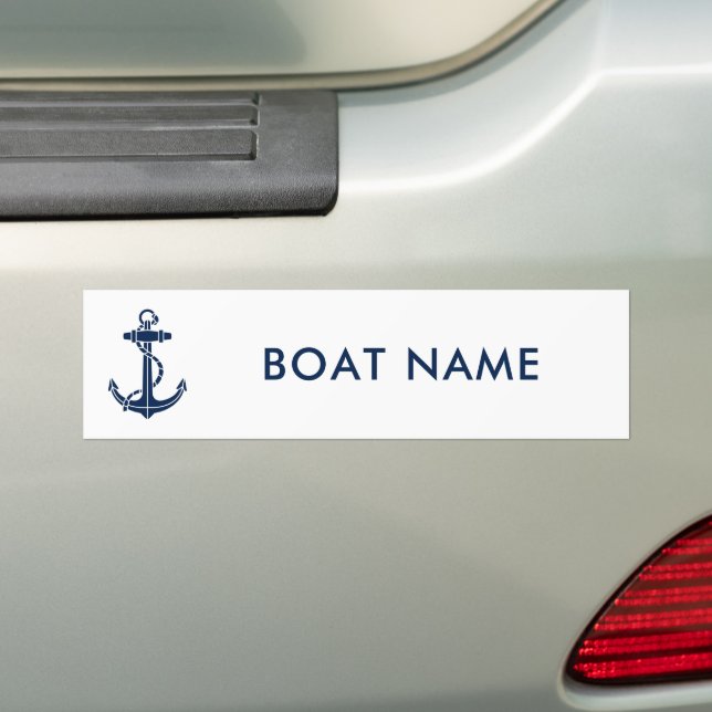 Modern Boat Name Navy Blue Anchor Custom Bumper Sticker (On Car)