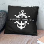 Modern Boat Name Ship’s Wheel Anchor Nautical  Cushion<br><div class="desc">Nautical boating throw pillow reading your custom boat name surrounded by a ship's well and anchor on black.</div>