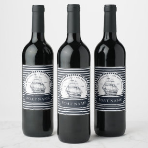 Modern Boat Nautical Blue Wine Label