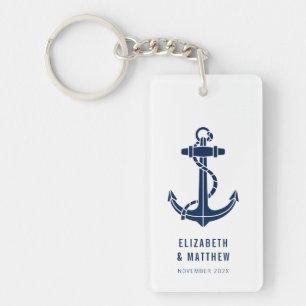 Modern Boat Navy Blue Anchor Beach Wedding Custom Key Ring