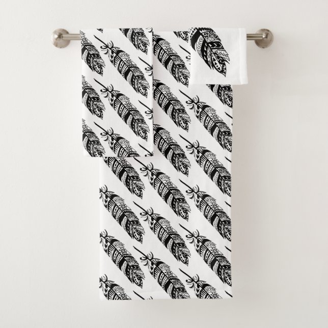 Modern Bohemian Black Tribal Feathers Bath Towel Set (Insitu)
