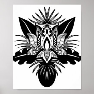 Modern Bohemian Black White Tropical Lotus Leaf Poster