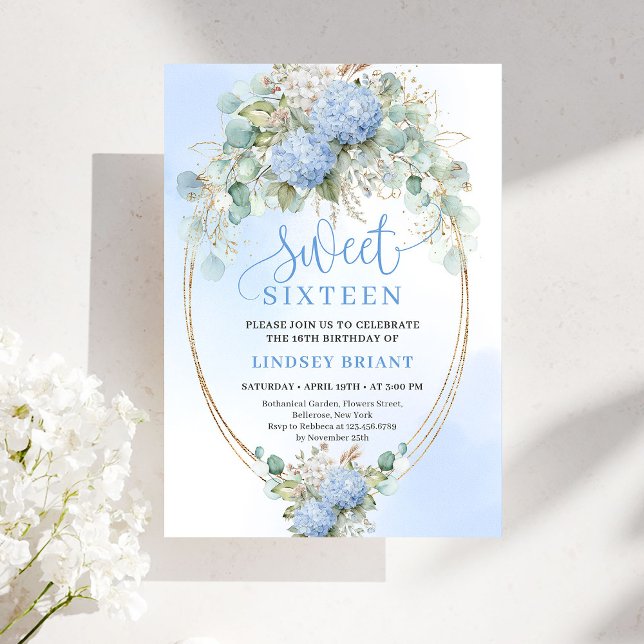 Modern Bohemian Blue Floral Gold Sweet 16 Birthday Invitation (Modern Bohemian Blue Floral Sweet 16 Birthday Invite)