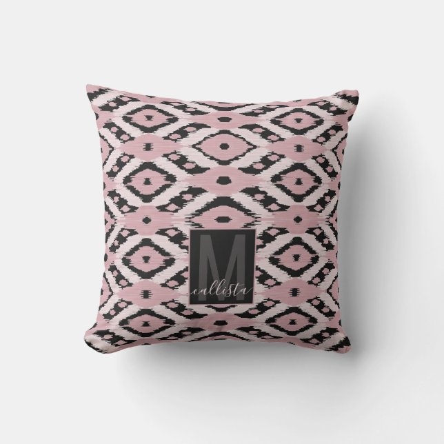 Modern Bohemian Blush Pink Black Ikat Monogram Cushion (Front)