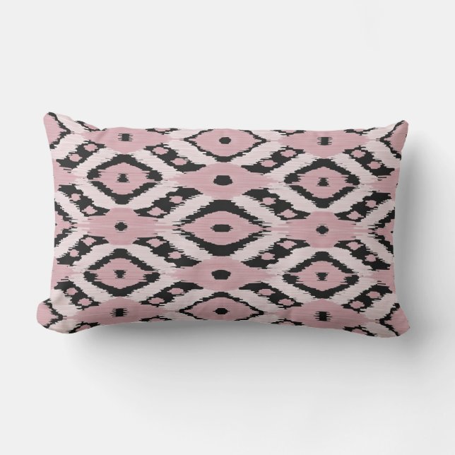 Modern Bohemian Blush Pink Black Ikat Pattern Lumbar Cushion (Front)