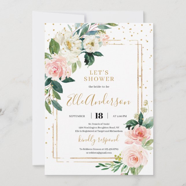 Modern bohemian boho blush pink floral gold invite (Front)