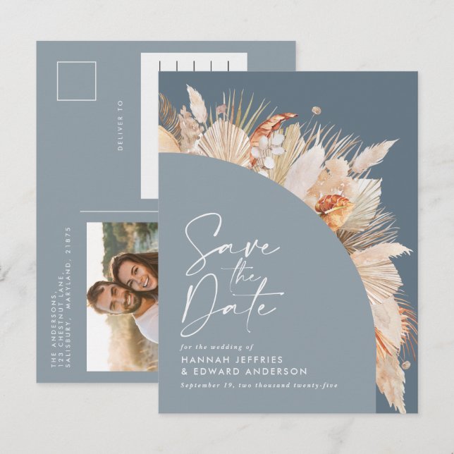 Modern bohemian dusty blue pampas grass photo  ann announcement postcard (Front/Back)