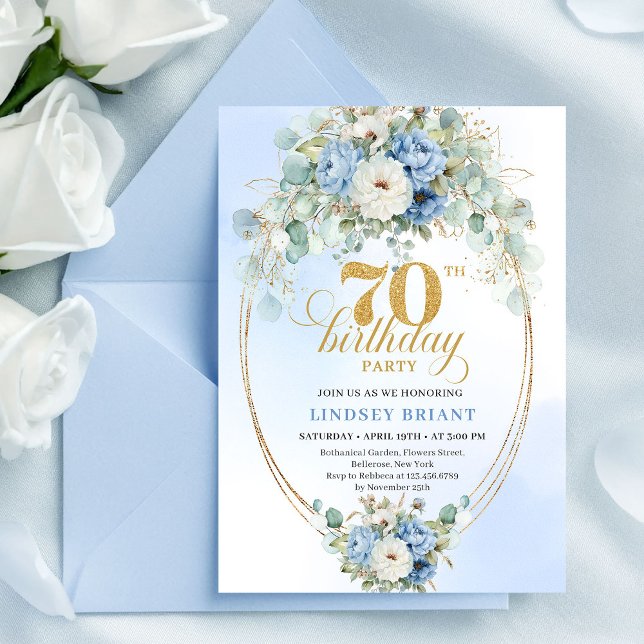 Modern Bohemian Dusty Blue Peonies 70th Birthday I Invitation (Modern Bohemian Dusty Blue Peonies 70th Birthday Invite

)