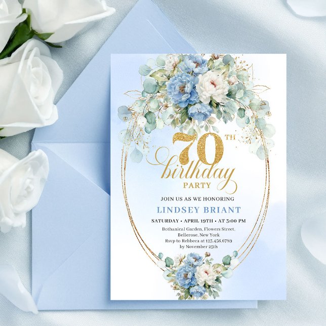 Modern Bohemian Dusty Blue Peonies 70th Birthday Invitation (Modern Bohemian Dusty Blue Peonies 70th Birthday)