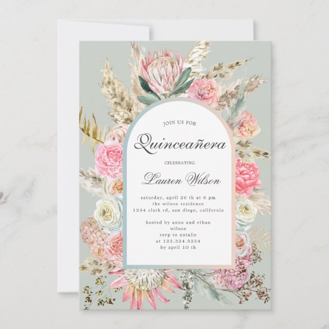modern bohemian floral quinceanera photo card (Front)