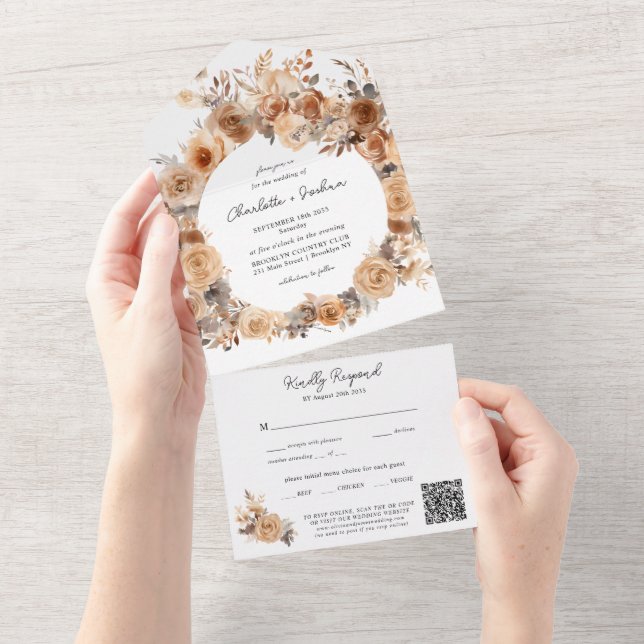 Modern Bohemian Floral Terracotta QR Code Wedding All In One Invitation (Tearaway)