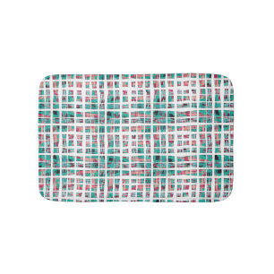 Modern Bohemian Hipster Teal Coral Black Plaid Bath Mat
