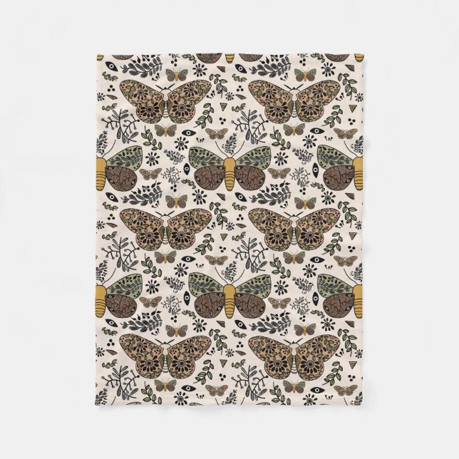 Modern Bohemian Moth Wildflowers Abstract Pattern Fleece Blanket (Front)