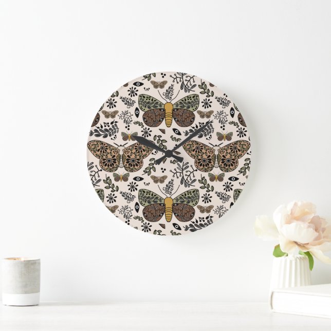Modern Bohemian Moth Wildflowers Abstract Pattern Large Clock (Home)