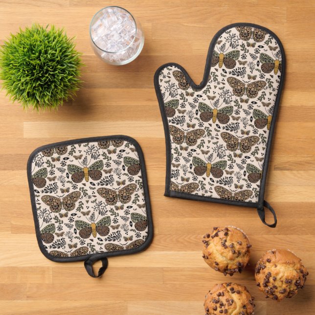 Modern Bohemian Moth Wildflowers Abstract Pattern Oven Mitt & Pot Holder Set (Top Down)