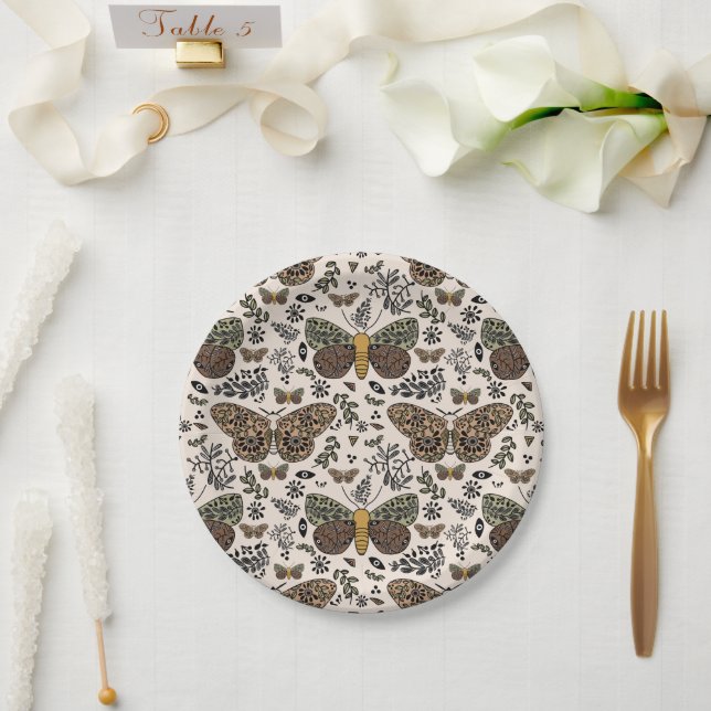 Modern Bohemian Moth Wildflowers Abstract Pattern Paper Plate (Wedding)