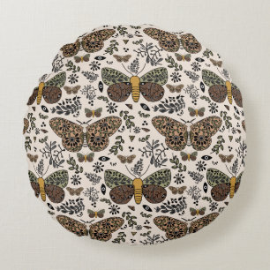 Modern Bohemian Moth Wildflowers Abstract Pattern Round Cushion