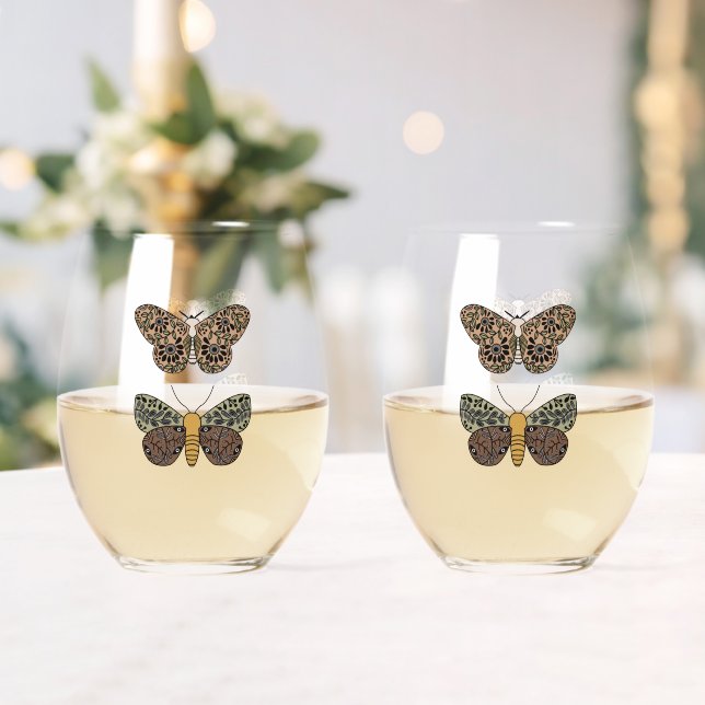 Modern Bohemian Moth Wildflowers Abstract Pattern Stemless Wine Glass (Insitu (Wedding))