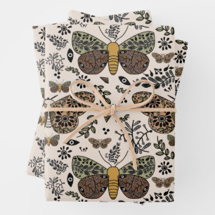 Modern Bohemian Moth Wildflowers Abstract Pattern Wrapping Paper Sheet