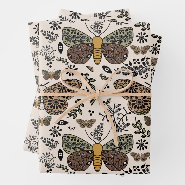 Modern Bohemian Moth Wildflowers Abstract Pattern Wrapping Paper Sheet (In situ)