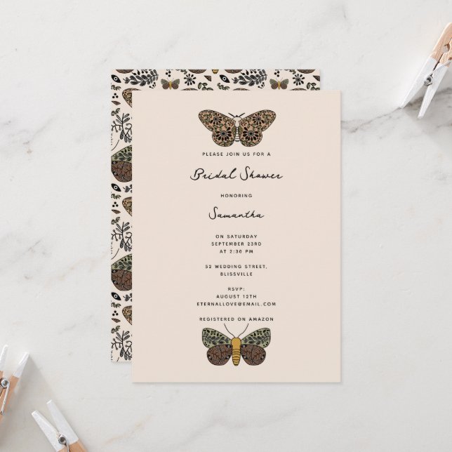 Modern Bohemian Moth Wildflowers Bridal Shower Invitation (Front/Back In Situ)