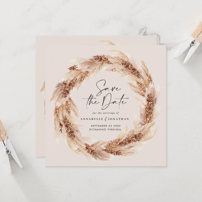 Modern bohemian natural pampas grass wedding invit invitation (Front/Back In Situ)