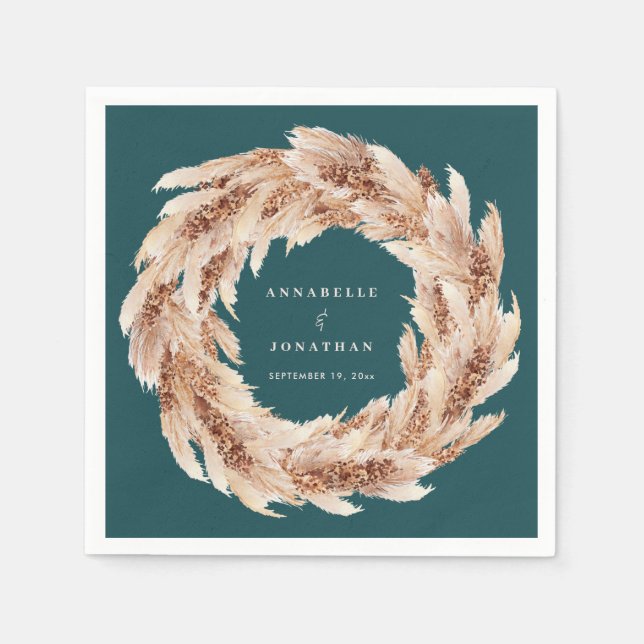 Modern bohemian natural pampas grass wedding teal napkin (Front)