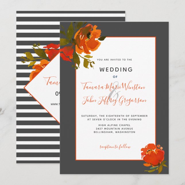 Modern Bohemian Orange Grey Floral Wedding Invitation (Front/Back)