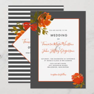 Modern Bohemian Orange Grey Floral Wedding Invitation
