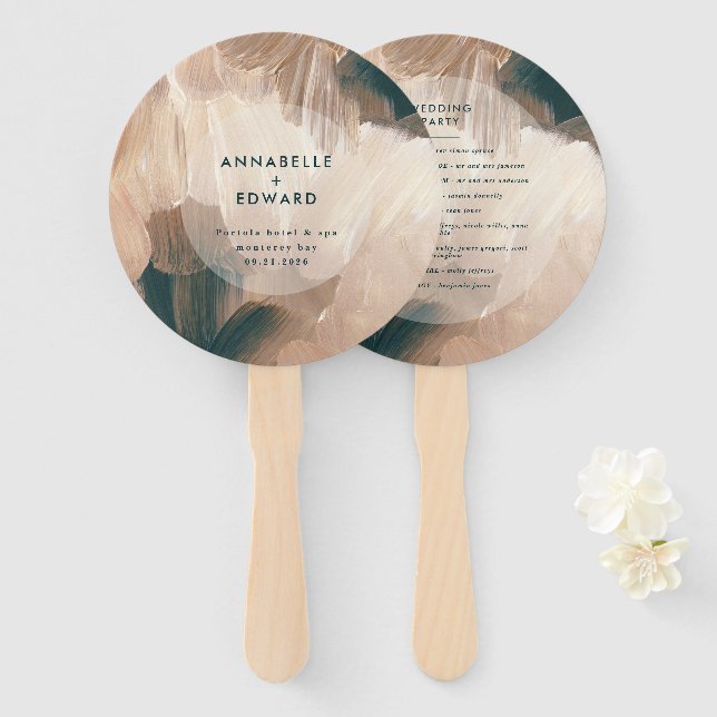 Modern bohemian, painterly terracotta teal wedding hand fan (Front and Back)