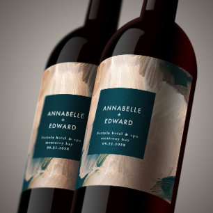 Modern bohemian painterly terracotta teal wedding wine label