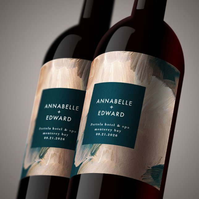 Modern bohemian painterly terracotta teal wedding wine label (Creator Uploaded)