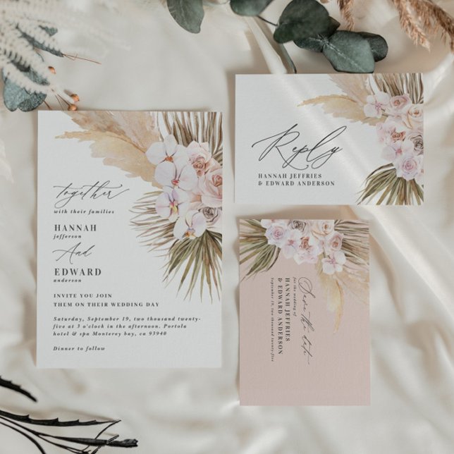 Modern bohemian pampas grass orchid wedding announ announcement postcard (Creator Uploaded)