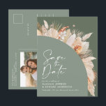 Modern Bohemian Sage Green Pampas Grass Photo Anno Announcement Postcard<br><div class="desc">Modern bohemian sage green pampas grass stylish photo wedding save the date invitation.</div>
