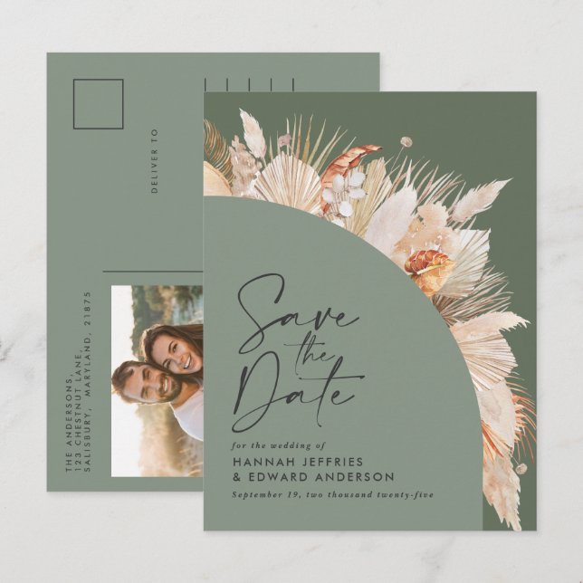 Modern Bohemian Sage Green Pampas Grass Photo Announcement Postcard (Front/Back)