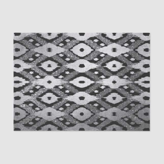 Modern Bohemian Silver Black Glitter Ikat Pattern Tissue Paper (Front)