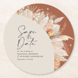 Modern bohemian terracotta pampas grass elegant round paper coaster