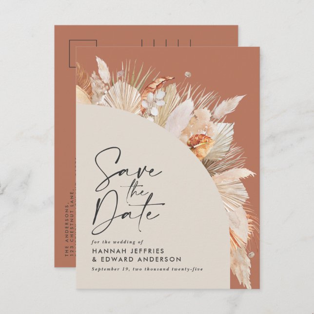 Modern bohemian terracotta pampas grass photo anno announcement postcard (Front/Back)