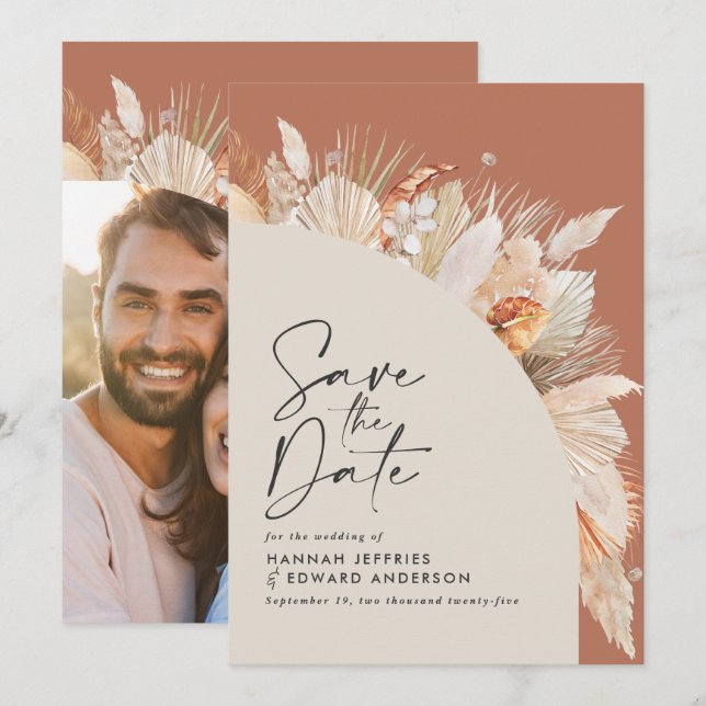Modern bohemian terracotta pampas grass photo save the date (Front/Back)