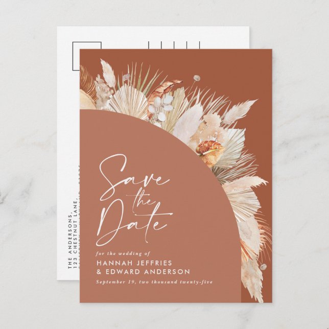 Modern bohemian terracotta pampas grass stylish announcement postcard (Front/Back)