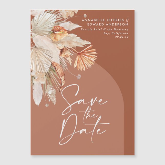 Modern bohemian terracotta pampas grass stylish sa magnetic invitation (Front)