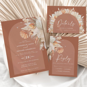 Modern bohemian terracotta pampas grass wedding RSVP card