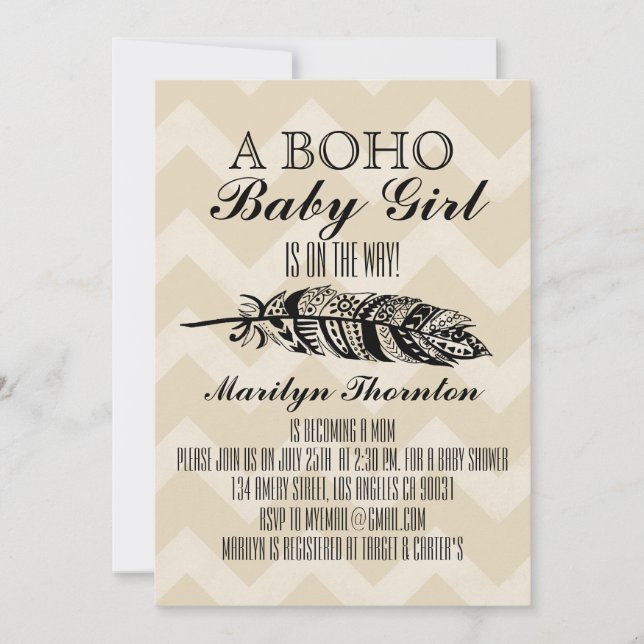 Modern Bohemian Tribal Feather Chevron Baby Shower Invitation (Front)
