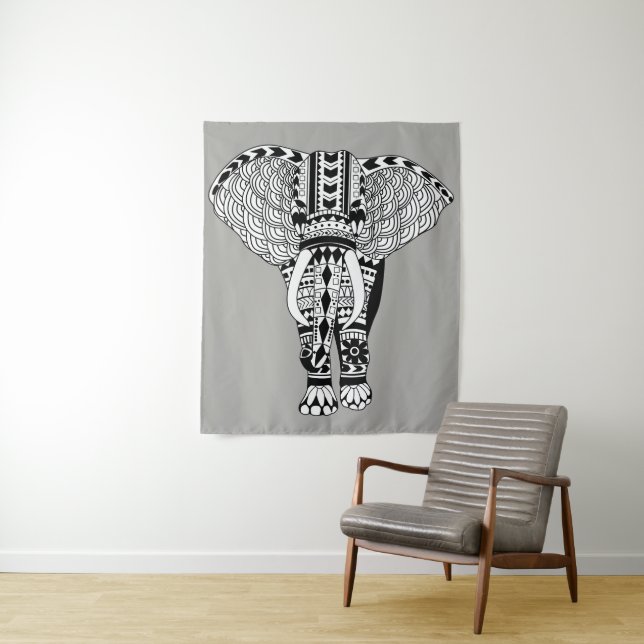 Modern Bohemian Tribal Patterned Elephant Tapestry (In Situ)