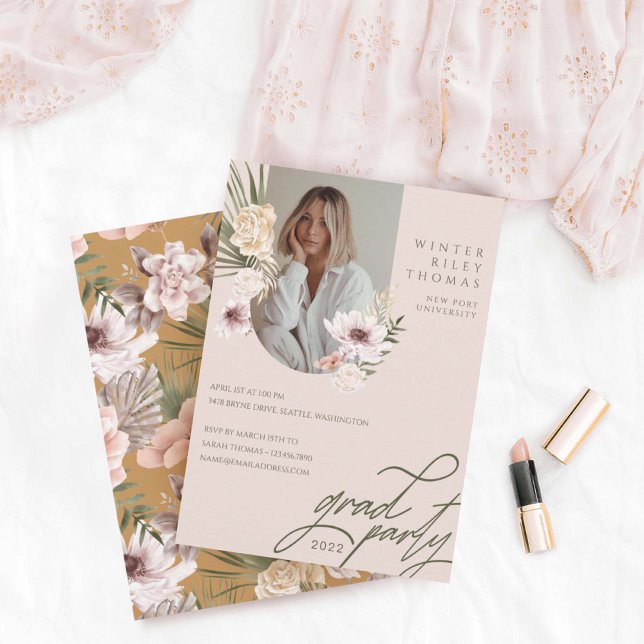 Modern Bohemian Watercolor Florals Graduate Photo  Invitation (Creator Uploaded)