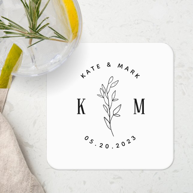 Modern Bohemian Wedding Monogram Square Paper Coaster (Creator Uploaded)