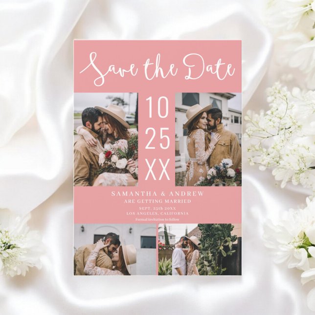  Modern Boho 4-Photo Coral pink wedding Save The Date (Modern Boho 4-Photo Coral pink wedding Save The Date)